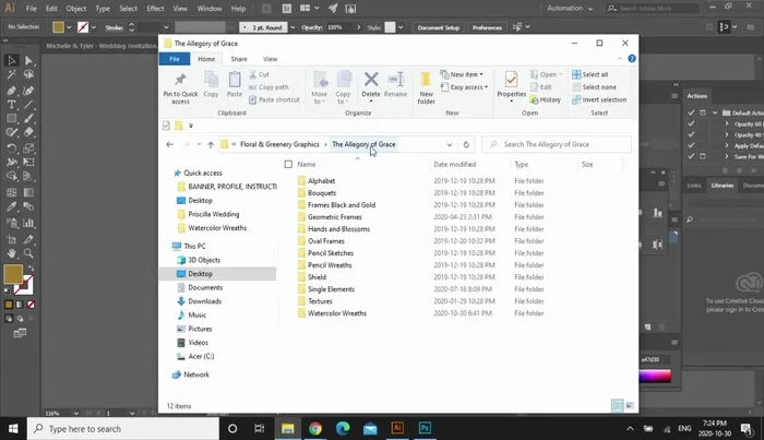 Prepare floral graphics: Open the desired graphic in Photoshop. Crop and erase unnecessary parts to create corner florals. Save as a PSD file.