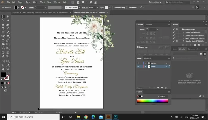 To mirror the floral element on the opposite corner, create a 5x7 rectangle (same size as invitation), make it transparent, and use it as a clipping mask with the floral graphic. Copy and paste the masked element to the opposite corner, rotating as needed.