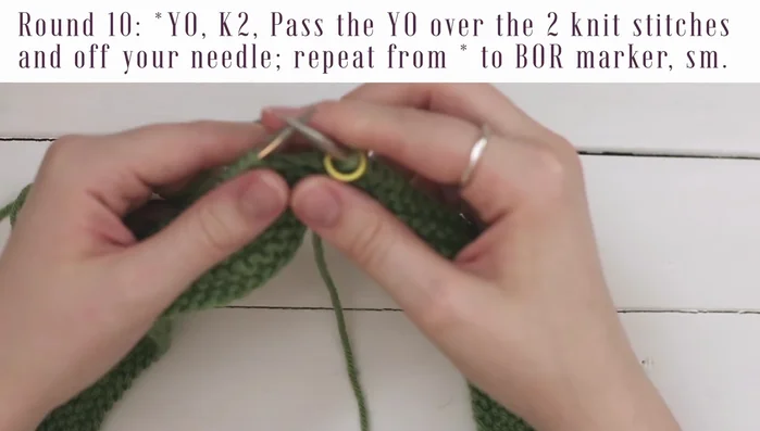 Round 11: Knit to the beginning of round marker, slip marker. Repeat Rounds 10 and 11 an additional 13 times (size A) or 28 times (size B).