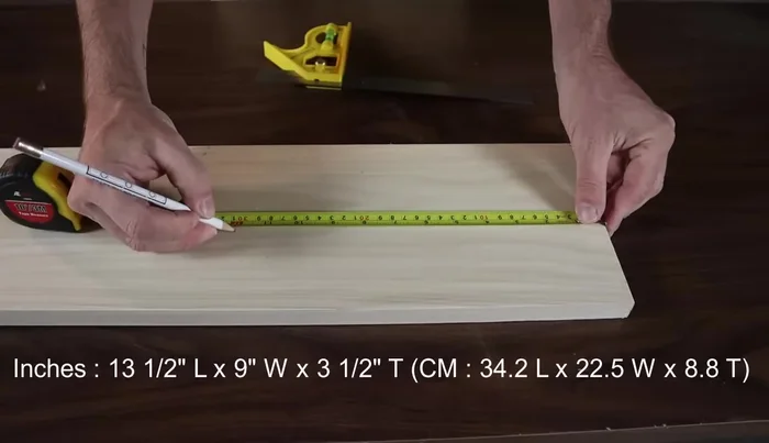 Lay out and cut the base to size (12 inches recommended). Ensure a straight and square cut using a square for accuracy.