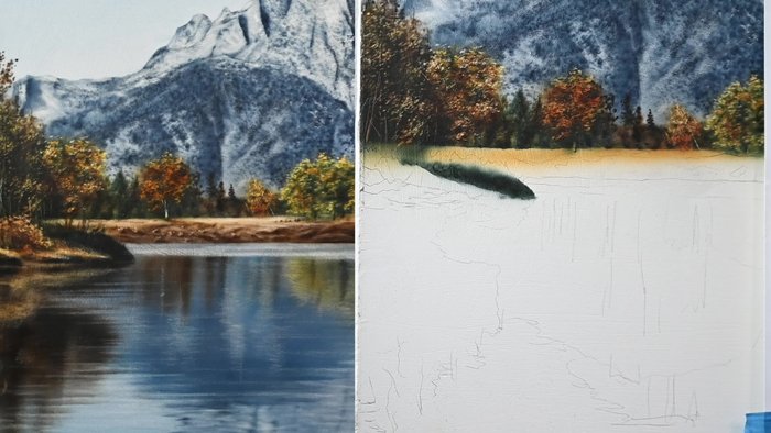 Soften the edges of the land. Add a shadow for a bush using the airbrush. Use an X-Acto blade to create twig-like highlights.