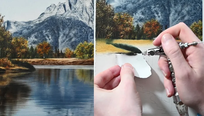 Soften the edges of the land. Add a shadow for a bush using the airbrush. Use an X-Acto blade to create twig-like highlights.