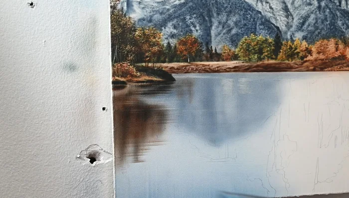 Replicate the mountain reflection using the mountain color from the first part of the video. Use the eraser for highlights. Add specular highlights with the electric eraser.