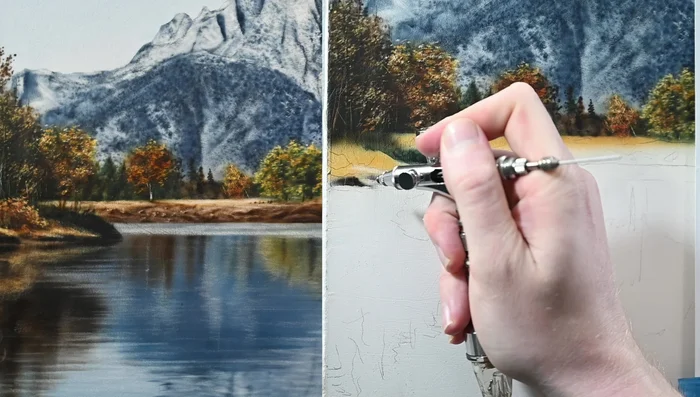 Soften the edges of the land. Add a shadow for a bush using the airbrush. Use an X-Acto blade to create twig-like highlights.