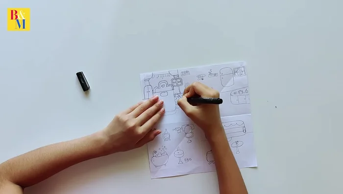 Outline the drawings with a fine-line pen and erase pencil marks.