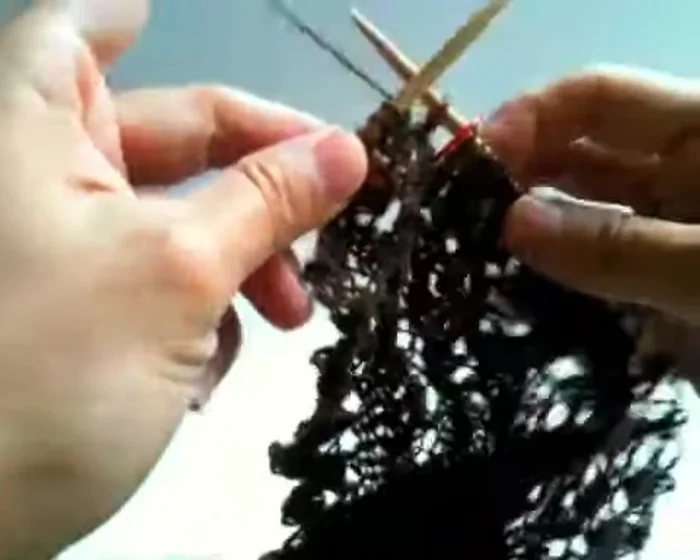 Slide the first stitch, knit three, yarn over twice, knit two.