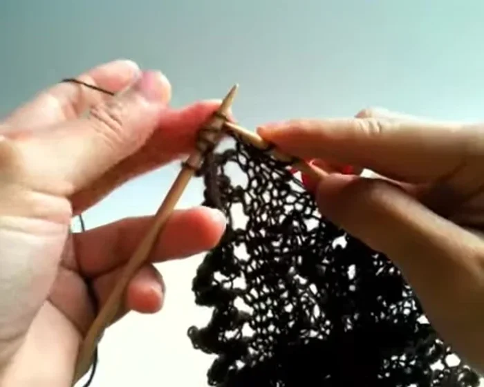 Slide the first stitch, knit three, yarn over twice, knit two.