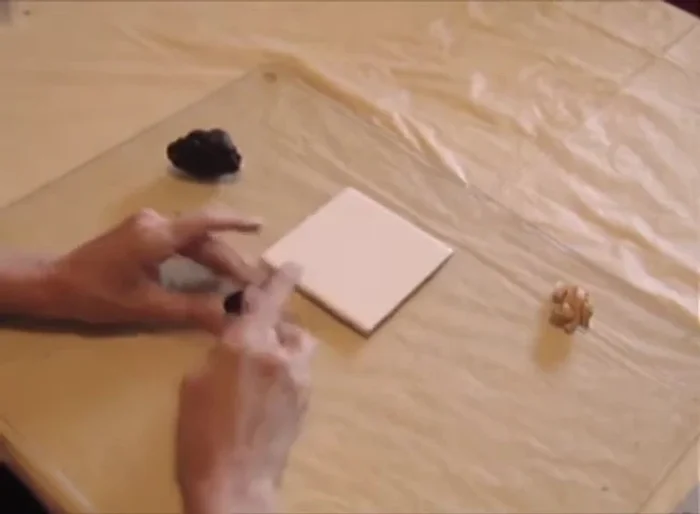 Create two front paws using small balls of black clay, roll them into cylinders, and attach them to the body. Use the needle to create claw marks.