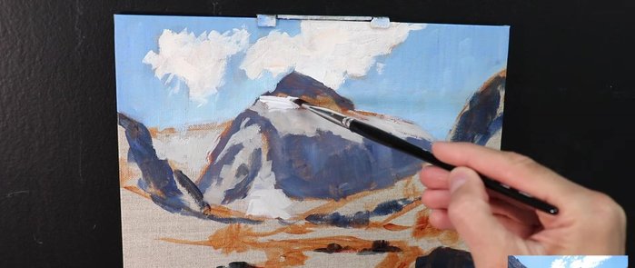 Painting the snow on the mountain top using a cloud mix with added shadow mix
