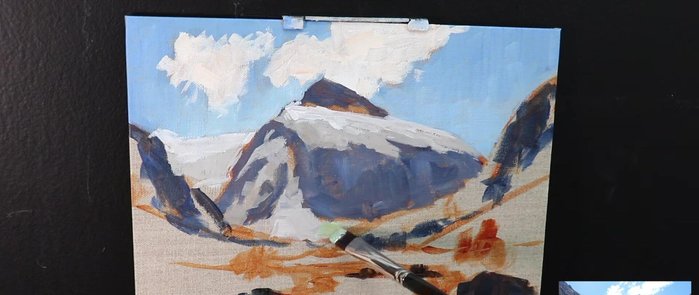 Painting the snow on the mountain top using a cloud mix with added shadow mix