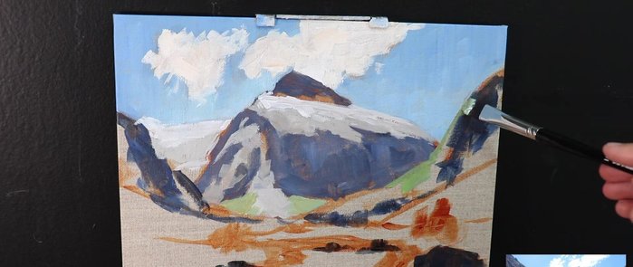 Painting foreground grass using the most saturated greens (cadmium yellow, ultramarine blue, yellow ochre, phthalo green, alizarin crimson, titanium white, cadmium red light)