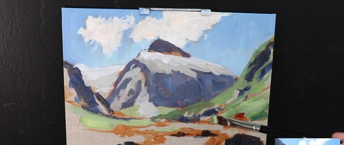 Painting foreground grass using the most saturated greens (cadmium yellow, ultramarine blue, yellow ochre, phthalo green, alizarin crimson, titanium white, cadmium red light)