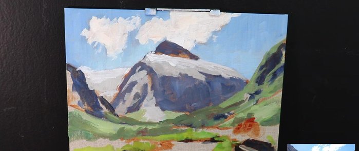 Painting foreground grass using the most saturated greens (cadmium yellow, ultramarine blue, yellow ochre, phthalo green, alizarin crimson, titanium white, cadmium red light)