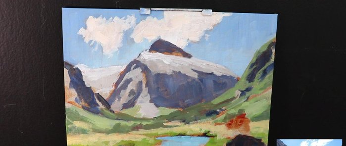 Painting the river reflecting the sky using a mix of ultramarine blue, yellow ochre, phthalo green, and titanium white; and reflecting vegetation using yellow ochre, burnt sienna, ultramarine blue, and titanium white