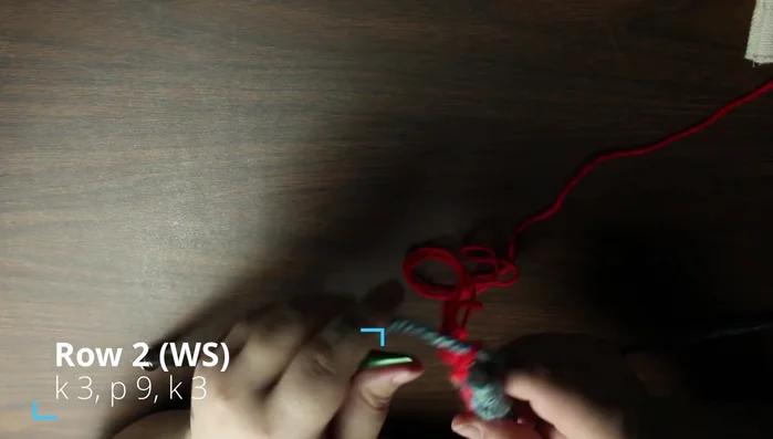 Row 4: Knit 3, purl 9, knit 3.