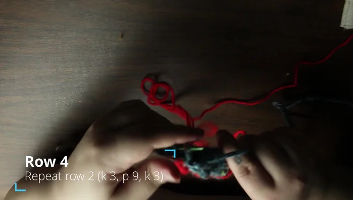 Row 4: Knit 3, purl 9, knit 3.