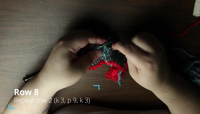 Row 8: Knit 3, purl 9, knit 3.