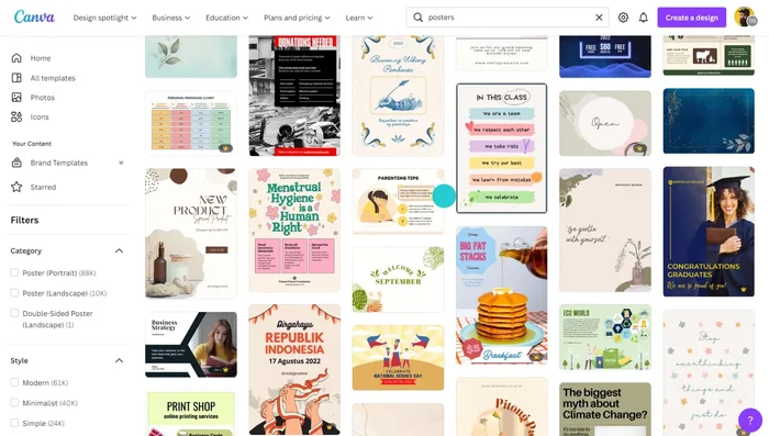 Browse Canva's Template Library: Filter by your needs (e.g., 'display posters', 'event posters').