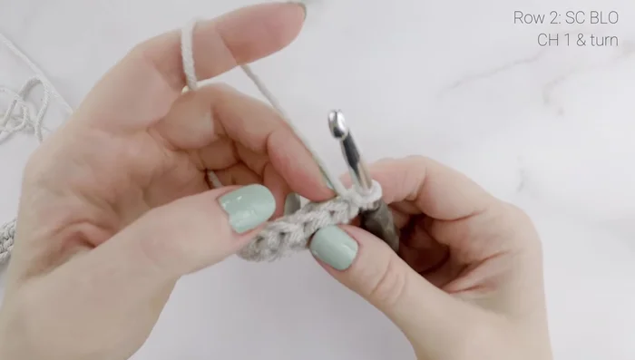 Row 2: Single crochet in the back loop only of each stitch across.