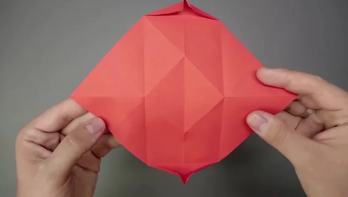 Fold the top corner and close. Now bring both sides to the middle; the paper should naturally assume the fish shape. 