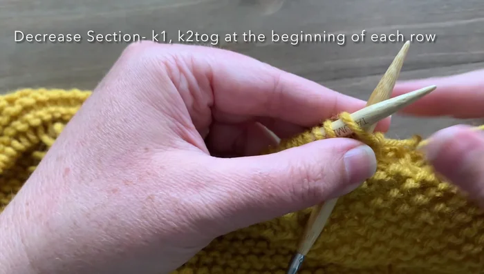 Final row: Knit two stitches together. Cut yarn, leaving a tail for seaming.