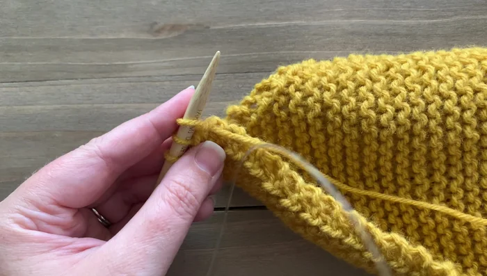 Final row: Knit two stitches together. Cut yarn, leaving a tail for seaming.