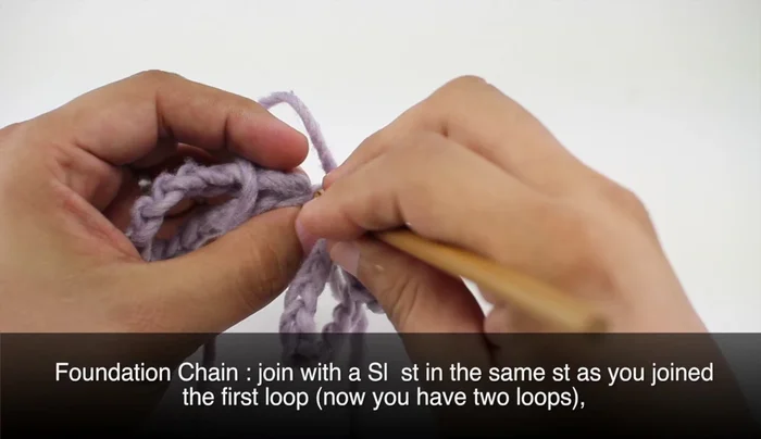 Chain 10 (Repeat): Chain another 10 stitches and slip stitch into the center.