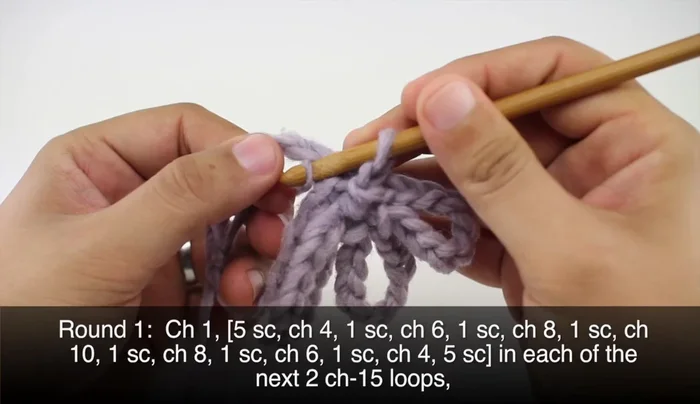 Work Backwards: Chain 8, single crochet into the loop; Chain 6, single crochet; Chain 4, single crochet; Chain 5, 5 single crochets into the loop. This completes one wing.