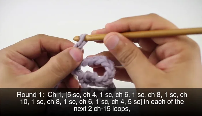 Work Backwards: Chain 8, single crochet into the loop; Chain 6, single crochet; Chain 4, single crochet; Chain 5, 5 single crochets into the loop. This completes one wing.