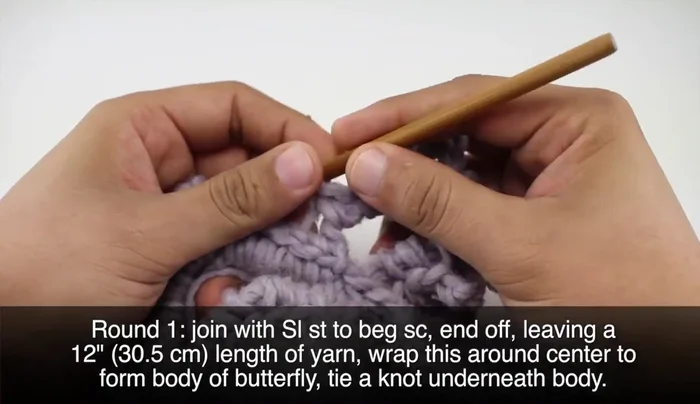 Finishing: Slip stitch into the first single crochet of the round and fasten off. Leave a 12-inch tail. Wrap the yarn around the center to create the butterfly's body, tie a knot to secure.