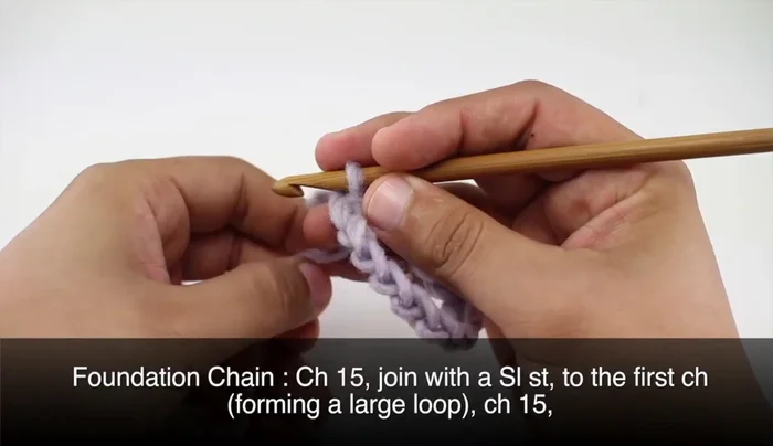 Chain 10 (Repeat): Chain another 10 stitches and slip stitch into the center.