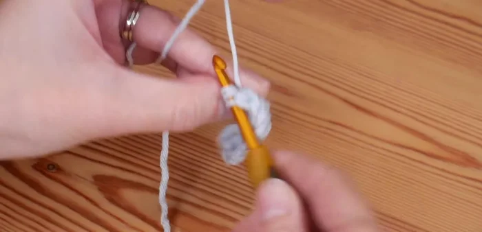 Repeat steps 4 and 5 across the row, ending with a single treble in the last chain.