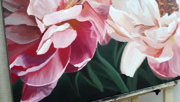 Paint the yellow section, carefully mixing yellows and adding complementary colors (purples) to avoid dullness.