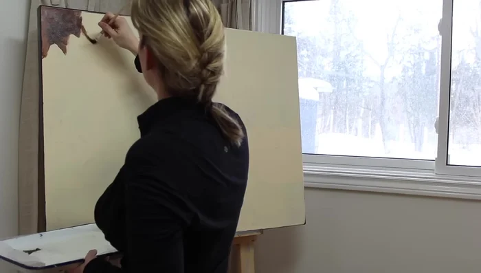 Transfer drawing onto primed canvas and outline with watered-down burnt umber.