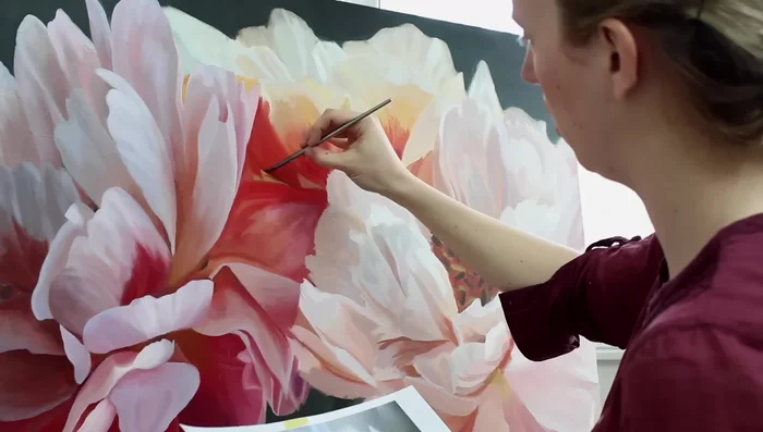 Paint the yellow section, carefully mixing yellows and adding complementary colors (purples) to avoid dullness.