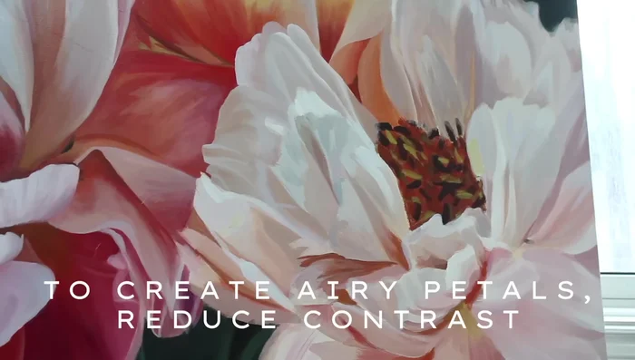 Paint the final flower, focusing on subtle variations in value and undertones for realistic shape.