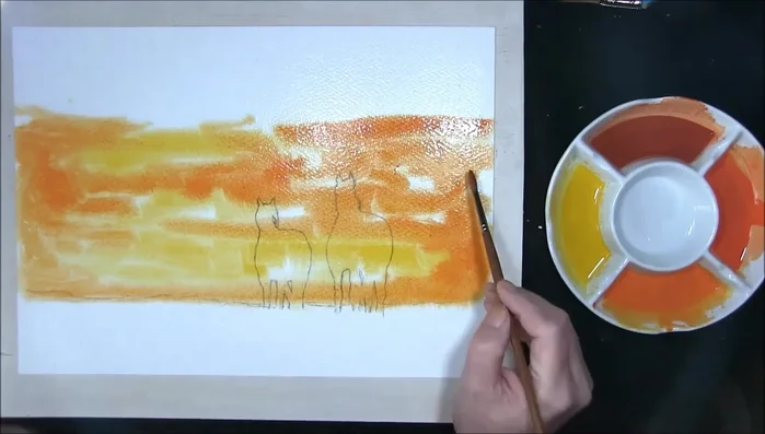 Add clouds: Using a stronger mix of the orange with slightly more red, paint clouds by adding stronger strokes, leaving some areas lighter to show the sky through. Then use a larger, damp brush, mix of Cadmium Yellow, Cadmium Red, and Burnt Sienna to soften edges and create more clouds.