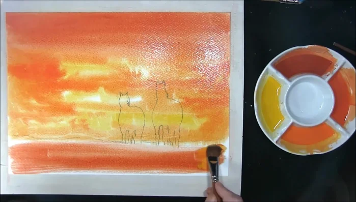 Unify the painting: Bring some of the sky colors down into the land area to connect the sky and land.