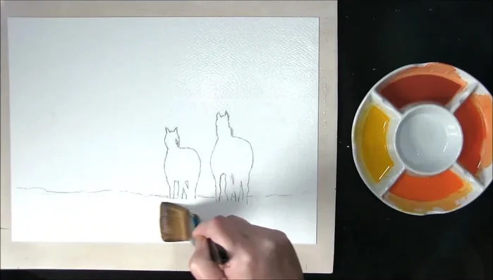 Prepare the paper: Wet the paper with a damp brush to remove excess water, leaving a thin film. Brush along all four edges to minimize buckling.