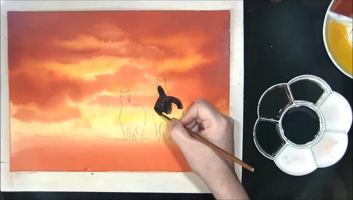 Paint the horses: Use a mix of Burnt Umber and French Ultramarine to paint the horses, leaving some areas lighter to show the sky through.