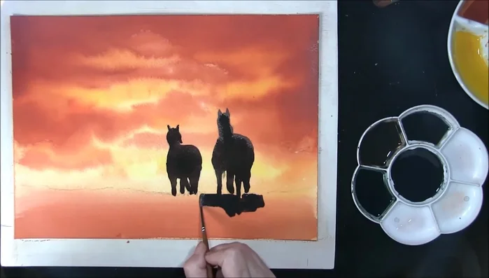 Connect horses to land: Use the same mix as the horses to connect their legs to the land, blending the colors. Then add stronger color using Prussian Blue and Burnt Umber to create depth and shadows.