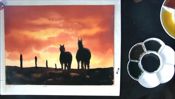 Add details: Add fence posts and other details using stronger colors and a wet-on-wet technique (lift color with a clean, damp brush to create texture), allowing the under washes to show through.