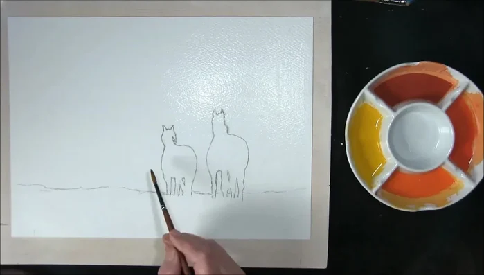 Paint the sky: Mix Indian Yellow and Cadmium Yellow. Apply this mix to the top of the paper, creating horizontal strokes. Then, mix Indian Yellow, Cadmium Yellow Pale, and Cadmium Red to create an orange and add it below, blending the colors.