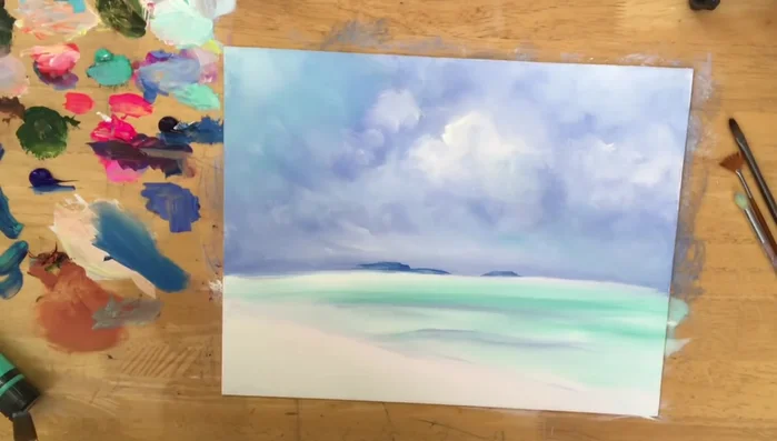 Create small islands in the distance using cobalt and phthalo blue, softening them with white and light blue violet.