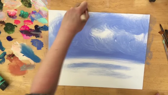 Blend sky blue (light turquoise) into the wet white and blue violet.