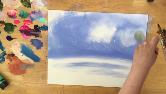 Blend sky blue (light turquoise) into the wet white and blue violet.