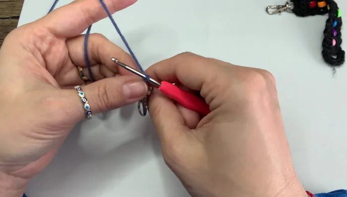 Chain two, then single crochet four stitches to create the base of your keychain.