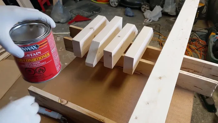 Apply wood conditioner to all surfaces to prevent blotchy staining.