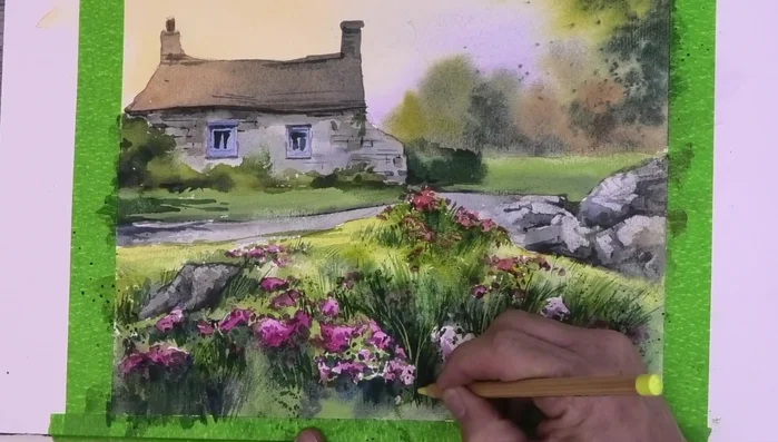 Adding Pastel Details (yellow-green pastel pencil, soft chalk pastels)