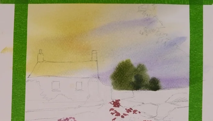 Painting Distant Trees (wet-on-wet with yellowy green mix, adding warmth with Burnt Sienna)